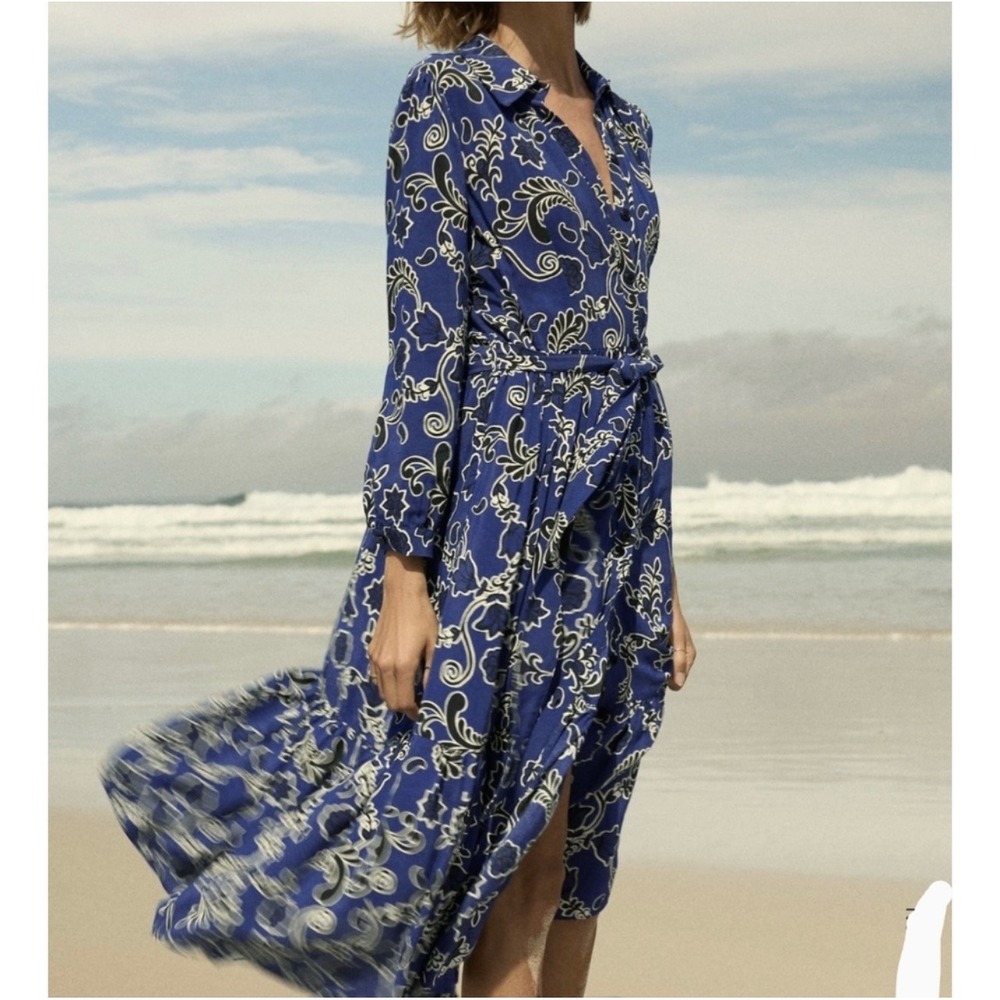 Zara Shirt Dress Women XS Blue Floral Midi Long Sleeve Button Front Waist Tie